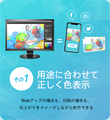その1 用途に合わせて正しく色表示 Webアップの場合も、印刷の場合も、仕上がりをイメージしながら制作できる