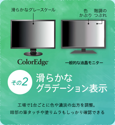 その2 滑らかな　グラデｰション表示　工場で1台ごとに色や濃淡の出方を調整。暗部の筆タッチや塗りムラもしっかり確認できる