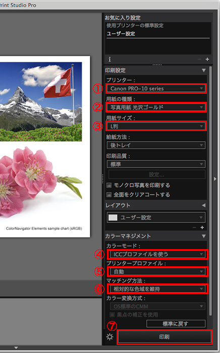 Print Studio Pro設定画面