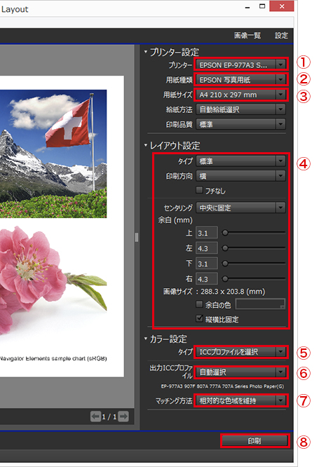Epson Print Layout設定画面