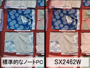 標準的なノートPCとSX2462WでsRGB色域の画像データを表示した例