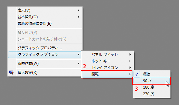 2. 表示されるメニューから「回転」を選択。3. 表示されるメニューから回転させる角度を選択。