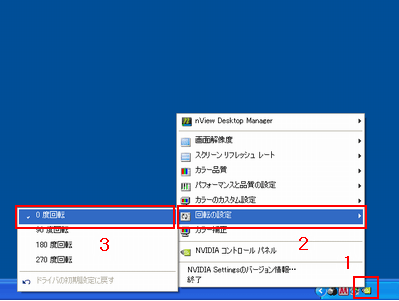 1. タスクトレイのForceWareソフトウェアのアイコンを右クリック。2. 表示されるメニューから「回転の設定」を選択。3. 表示されるメニューから回転させたい角度を選択。