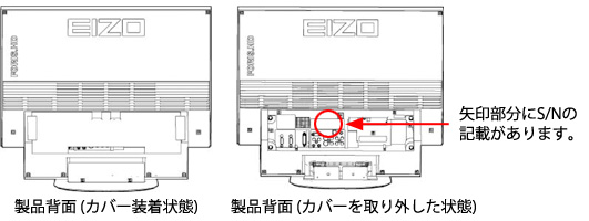 製品背面(カバー装着状態)　製品背面(カバーを取り外した状態)　矢印部分にS/Nの記載があります。